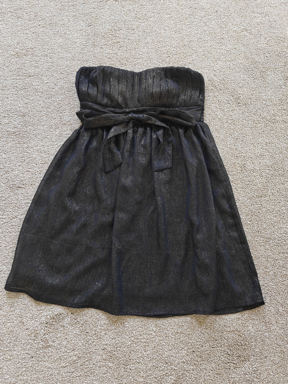 Strapless Black Shimmer Cocktail Dress with Waist Tie